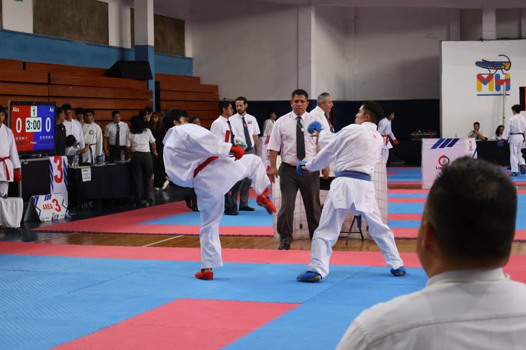 Karate athletes in white gis competing on a red and blue mat during a martial arts tournament indoors