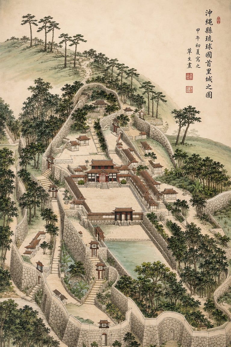Aerial view of a traditional Chinese fortress compound with stone walls, buildings, and surrounding pine trees on hillside