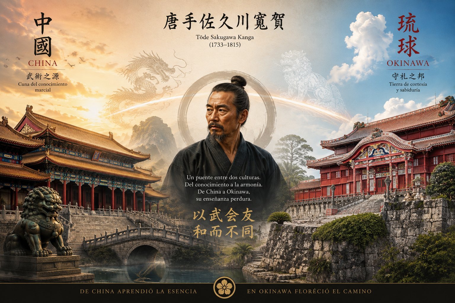 Retrato de una figura histórica con texto en chino y japonés, con arquitectura tradicional de China y Okinawa de fondo