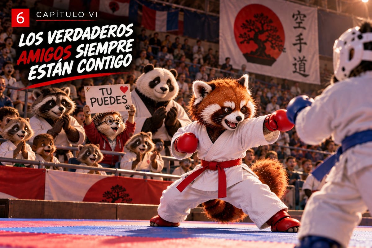 Animated red pandas in martial arts uniforms perform karate on a mat during a tournament with spectators in the background