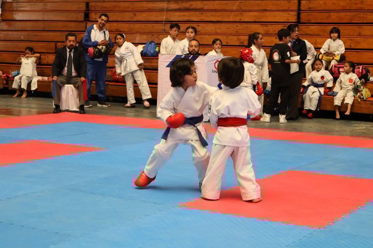 Two young martial artists in white gis with red gloves competing on a red and blue mat during a karate tournament with spectators watching.