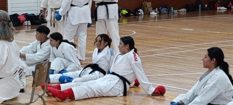 Young martial artists in white uniforms practicing on a gymnasium floor during a taekwondo training session