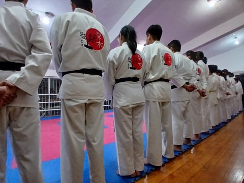 Group of martial arts students in white uniforms and black belts standing in a line during a class or ceremony