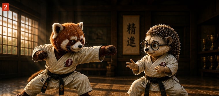 Animated red panda and hedgehog characters in martial arts uniforms sparring in an Asian-inspired dojo with wooden floors and calligraphy on the walls