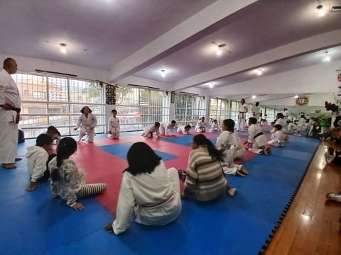 Children and instructor in a karate or martial arts class sitting on blue and red mat in a bright studio with large windows