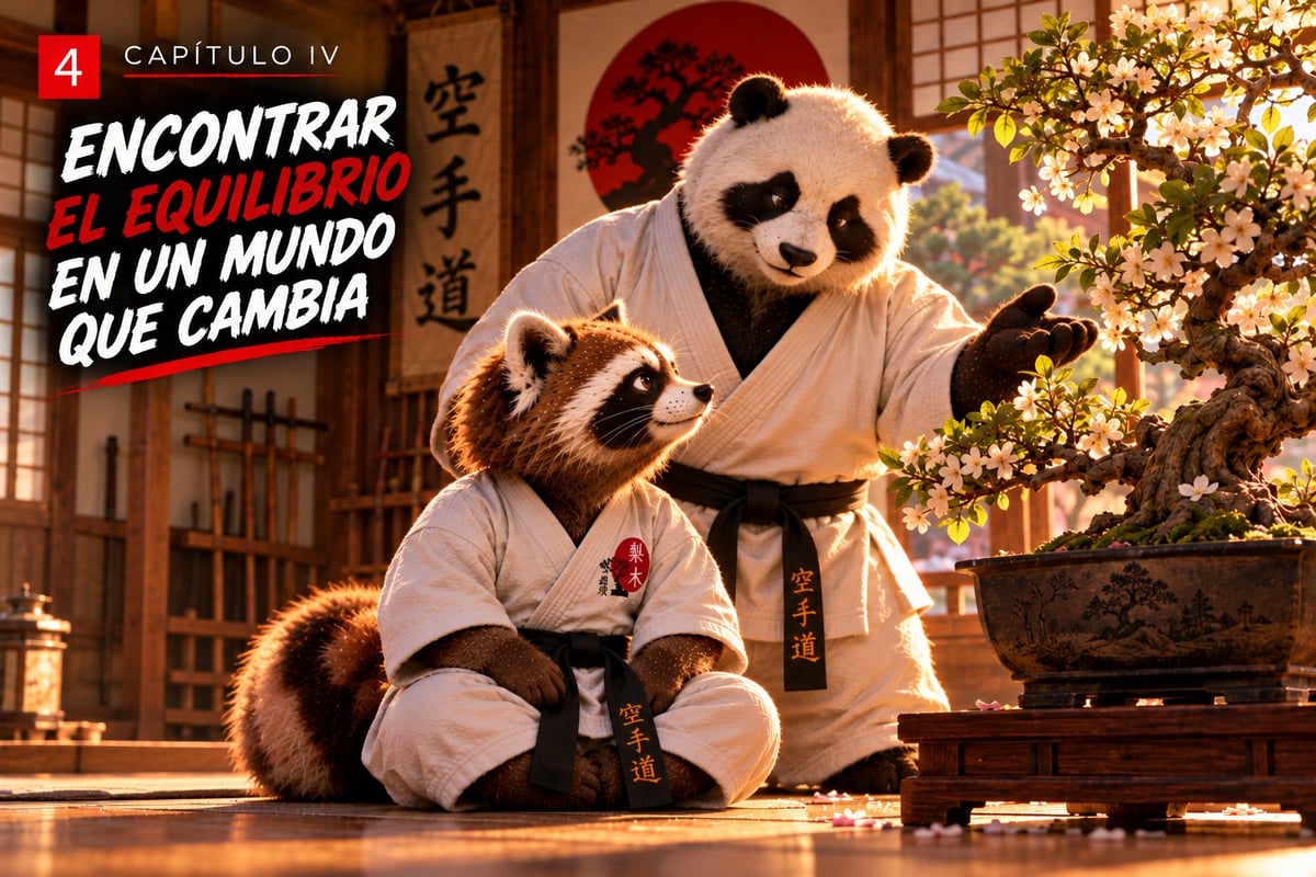 Animated panda and raccoon in karate uniforms practicing martial arts in an Asian-inspired dojo with warm lighting