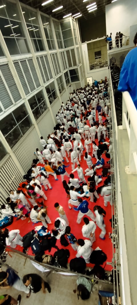 Overhead view of a martial arts competition with many people in white gis sparring on a large red mat in an indoor gymnasium
