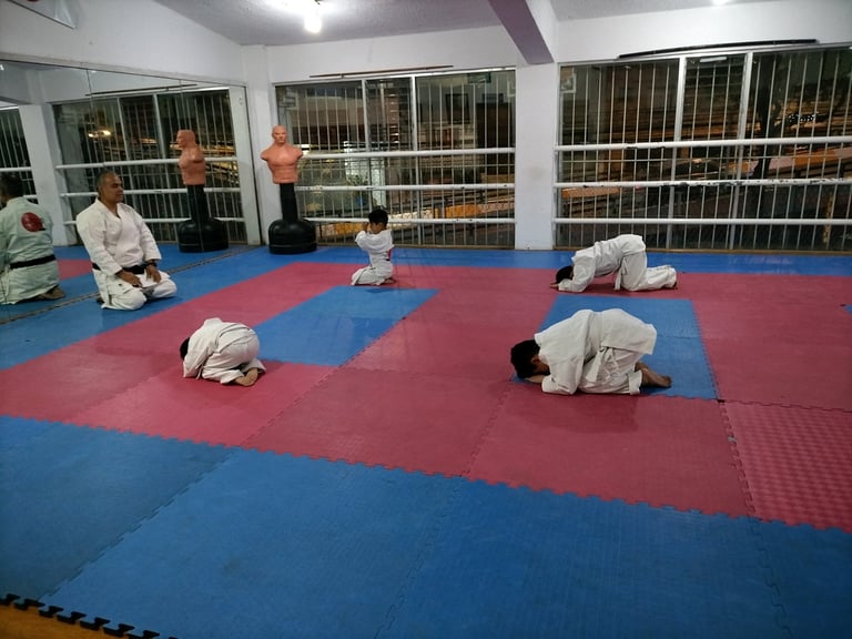 Children in white uniforms practicing martial arts on a blue and red mat in an indoor dojo training facility with windows and wooden cubicles