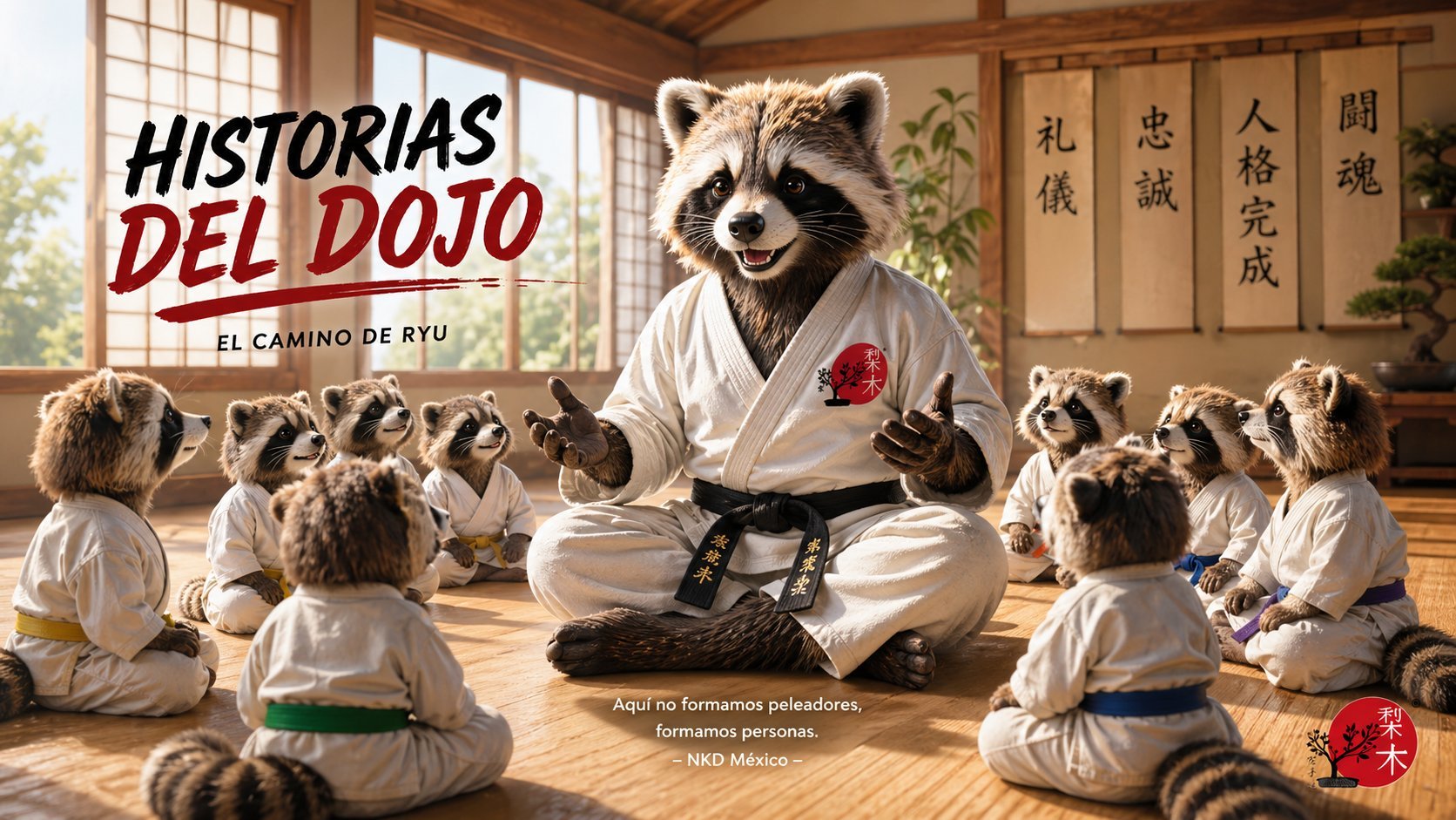Cartoon raccoon sensei in white karate gi teaching young raccoons martial arts in a dojo with Asian scrolls on wall