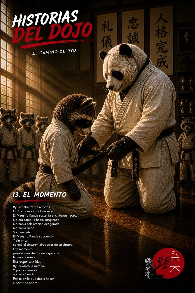 Panda kneeling before master