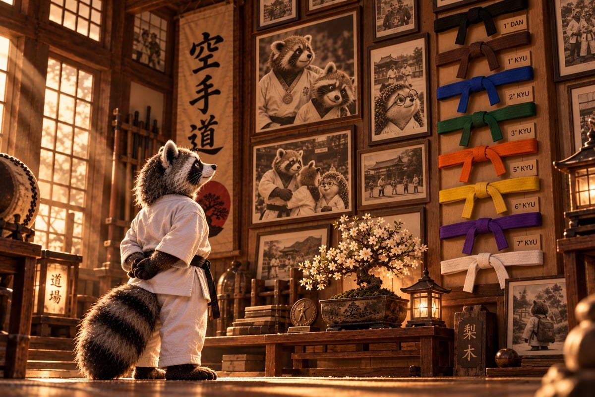 A martial artist in white gi and red gloves stands in a dojo decorated with Asian calligraphy and training posters, illuminated by warm sunlight