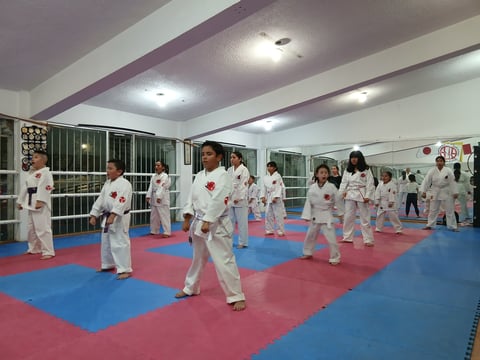 Group of children in white karate uniforms practicing on a blue and red mat in an indoor dojo with fluorescent lighting
