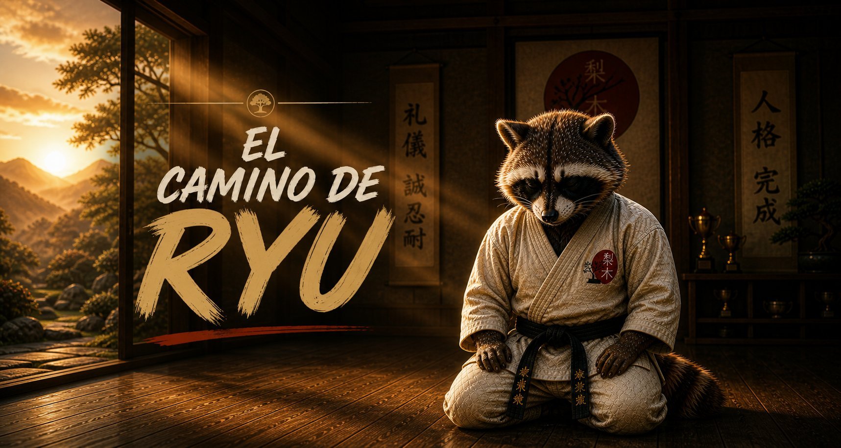 Anthropomorphic raccoon in karate gi and black belt in traditional dojo, promotional poster for El Camino de Ryu martial arts series