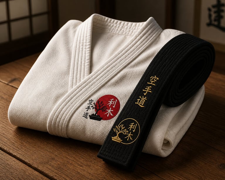 White karate gi with red and white emblem folded on wooden surface next to black belt with gold characters