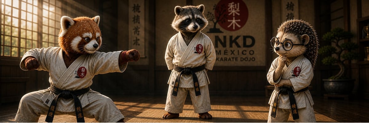 Three anthropomorphic raccoons in karate uniforms practicing martial arts in a dojo with Asian decor and calligraphy on the walls