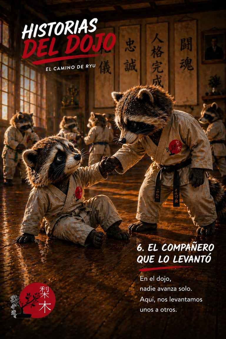 Two raccoons practicing in dojo