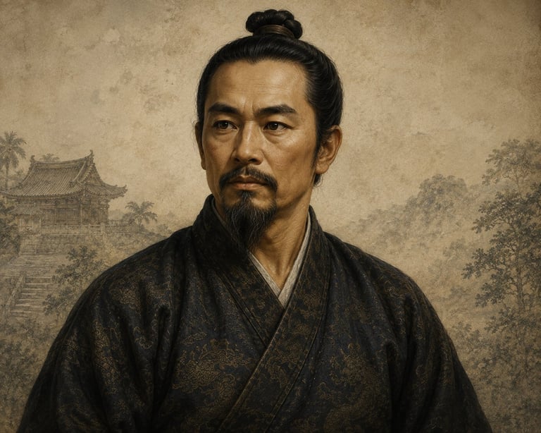 Portrait of an Asian man wearing dark traditional robes with a topknot hairstyle and goatee beard, set against a muted background with pagoda and trees