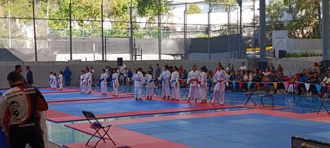 Karate tournament with young competitors in uniforms on a red and blue mat inside a sports facility with spectators watching from the sidelines.