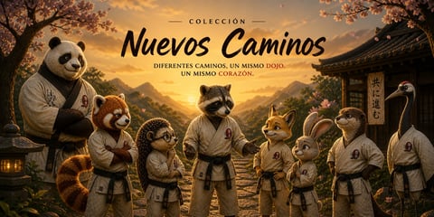 Colección Nuevos Caminos poster showing animals in martial arts uniforms training in a golden mountain dojo setting