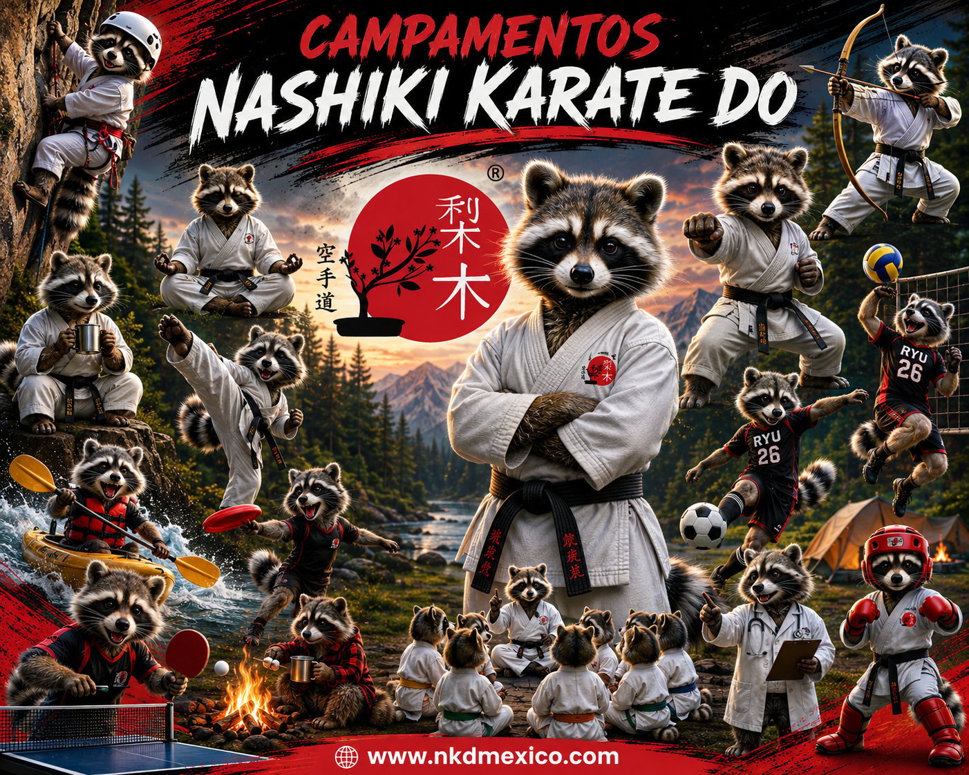 Nashiki Karate Do promotional poster featuring martial arts raccoons in karate uniforms with Asian landscape and red sun background