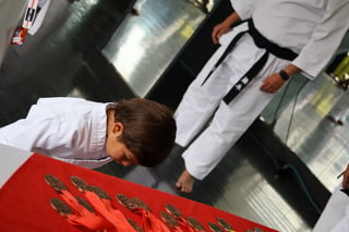 Niño observando tapete rojo de karate