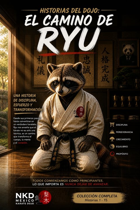 Anthropomorphic raccoon in karate gi and black belt, seated in meditation pose in a traditional dojo with Japanese calligraphy, text reads Historias del Dojo: El Camino de Ryu