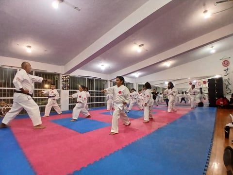 Group of karate students in white gis practicing on a red and blue mat in a dojo studio