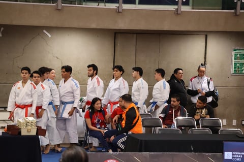 Group of people in martial arts uniforms and gis standing in line at a tournament or training event