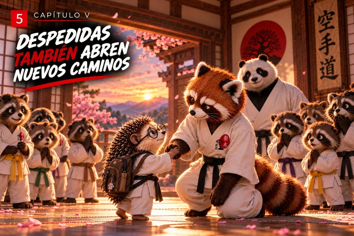 Po and a hedgehog in martial arts uniforms surrounded by other characters in an ornate Asian temple, with Chapter 5 title and Spanish text overlaid