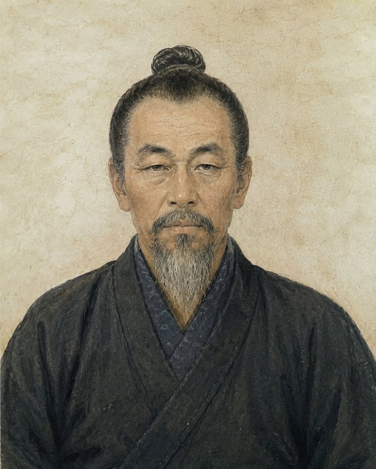 Portrait of an older Asian man with gray beard and hair in a topknot, wearing a dark robe against a beige background