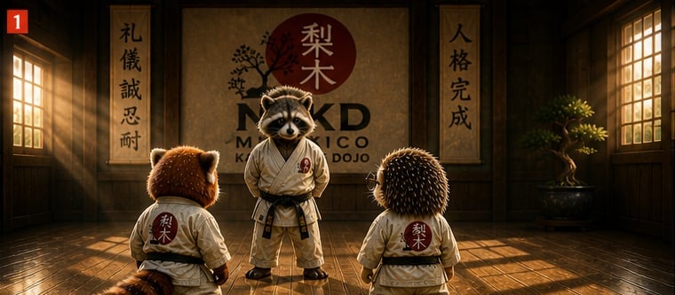 Three martial artist hedgehogs in karate uniforms stand in an Asian dojo with Chinese characters and red logo on wall