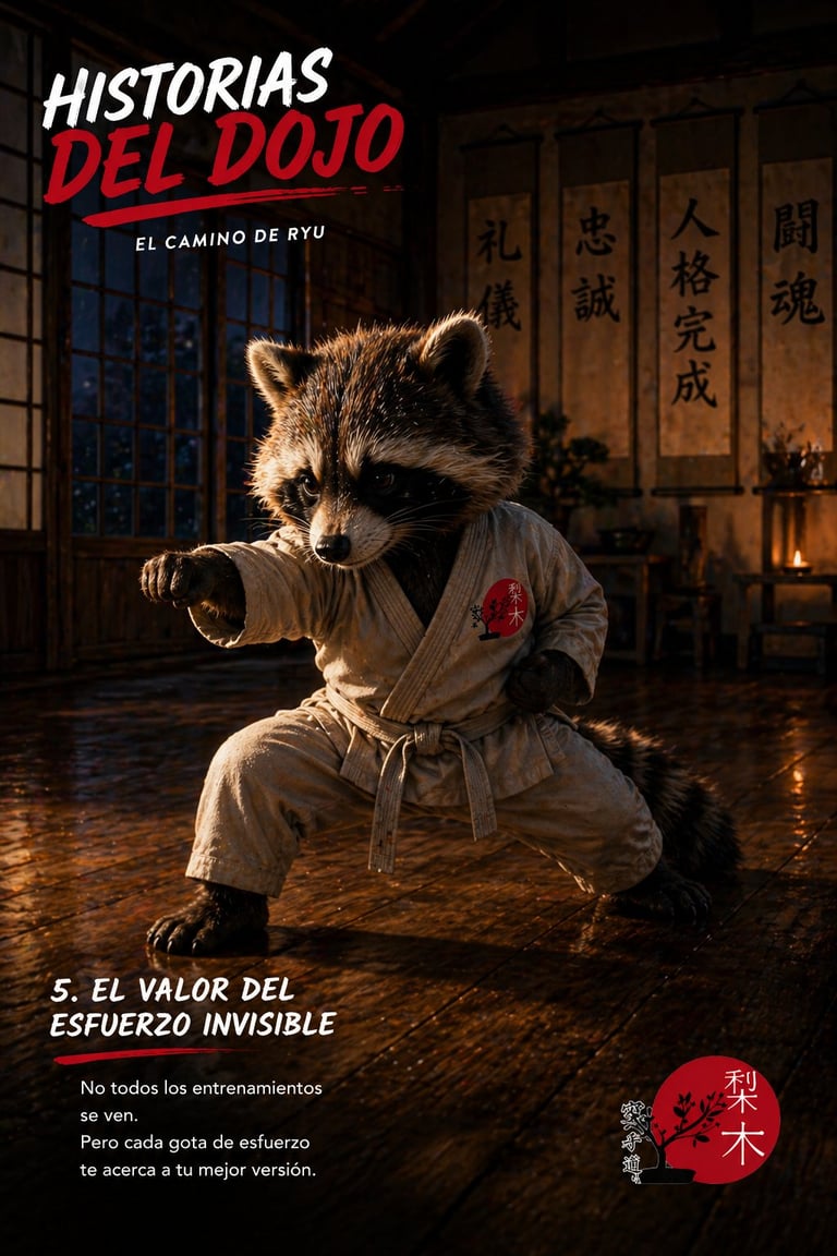 Raccoon in martial arts stance in dojo