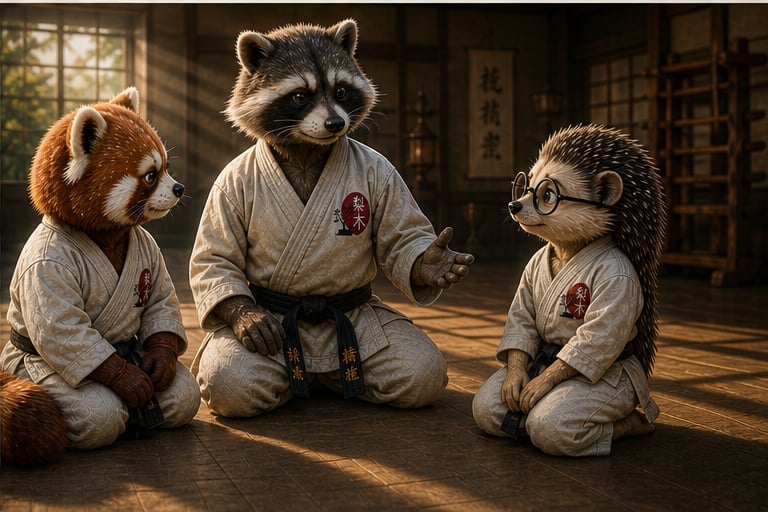 Three anthropomorphic animals in martial arts gi sitting in a dojo during training, including a raccoon, red panda, and hedgehog