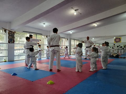 Children in martial arts uniforms practicing on a red and blue padded mat in a bright, modern dojo with windows