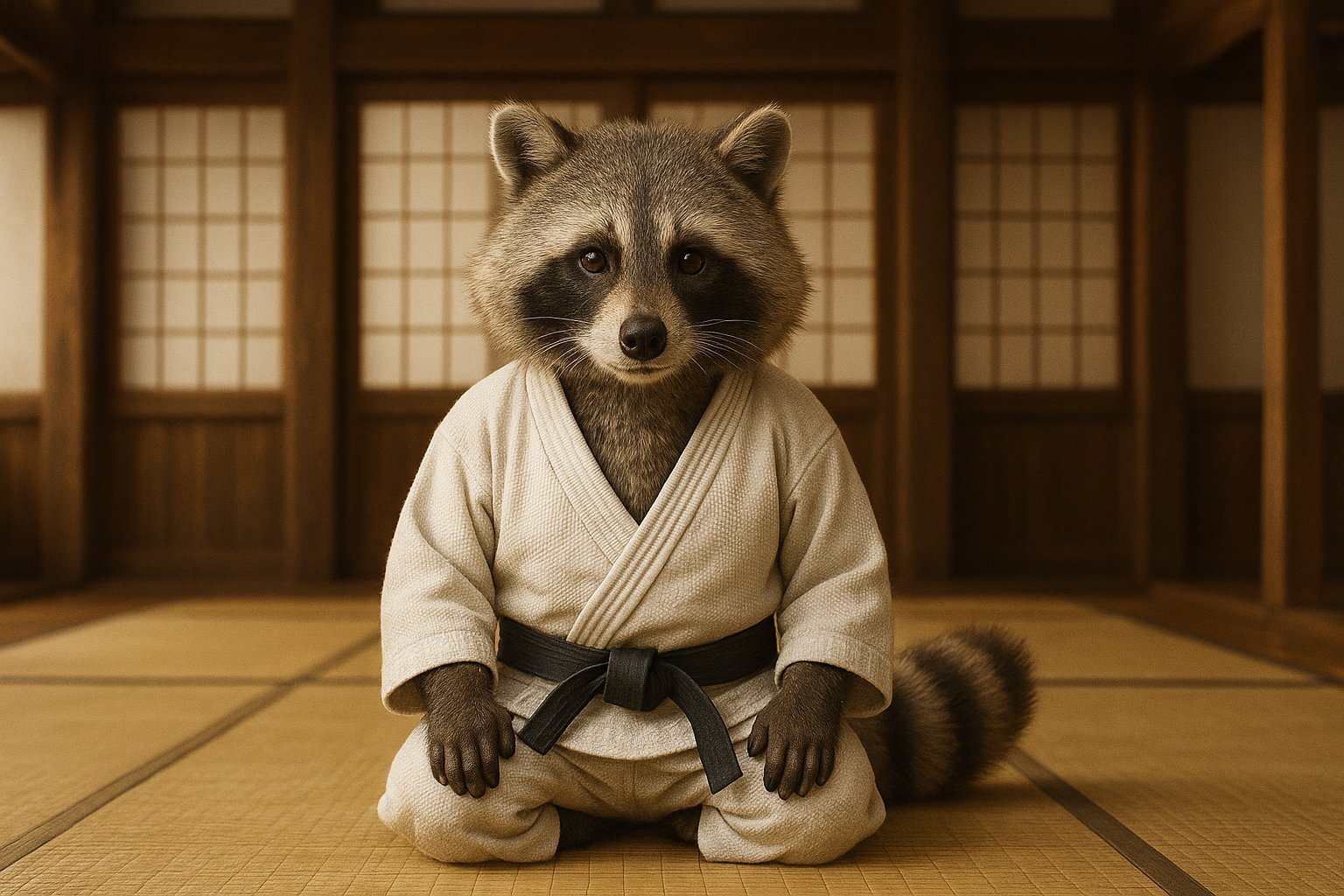 Raccoon wearing white karate gi with black belt, seated in meditation pose on wooden dojo floor