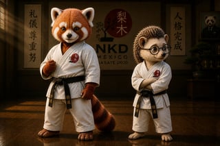 Two anthropomorphic animal characters wearing white karate gis with black belts stand in a dojo with Japanese calligraphy and signage in the background