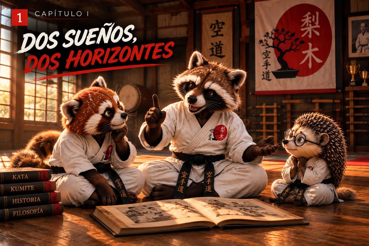 Three animated raccoons in karate uniforms studying together in a dojo with Asian decor and a book on wooden floor