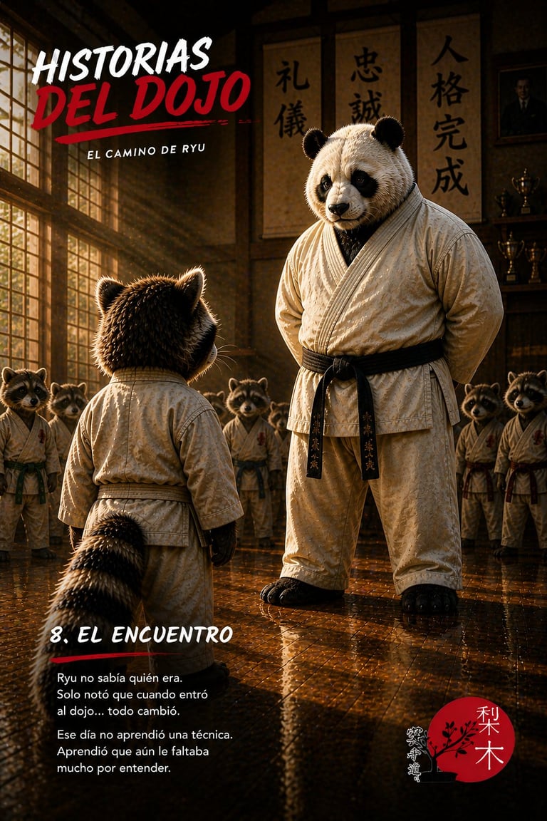 Giant panda and raccoon in dojo