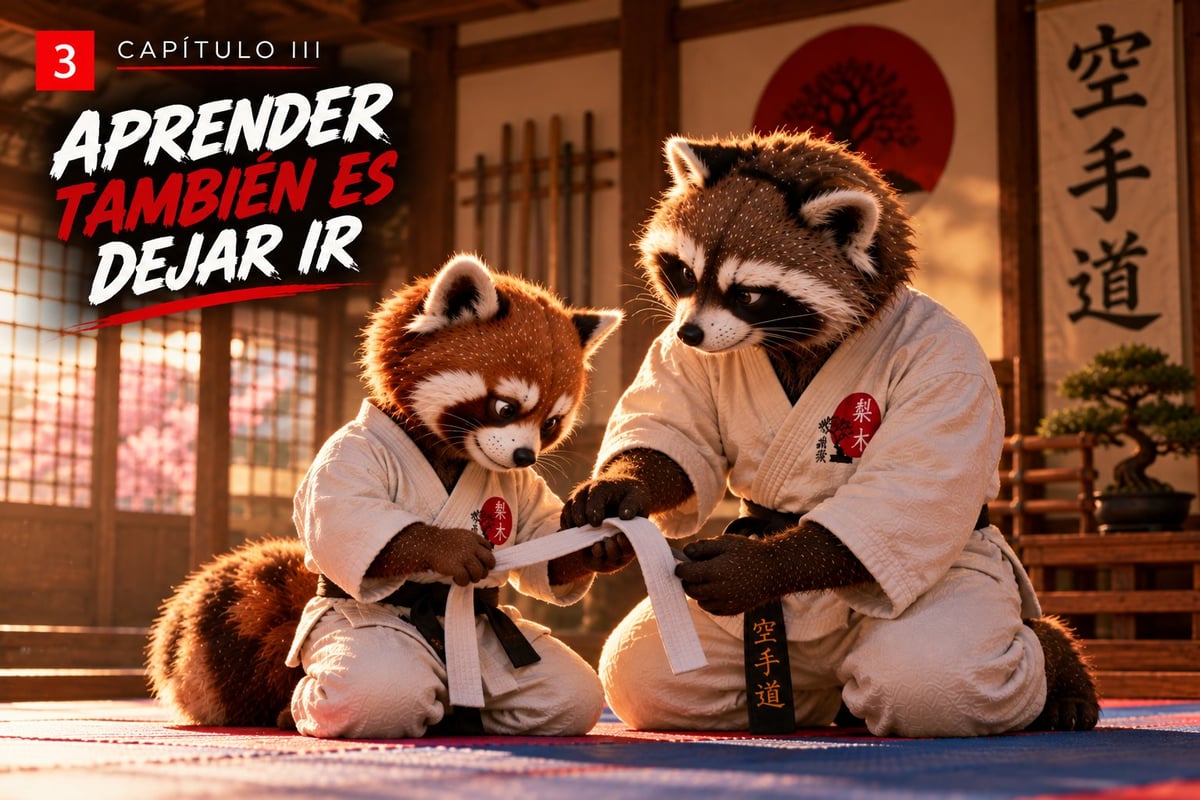 Two animated raccoons in karate uniforms practice martial arts in a traditional Japanese dojo setting