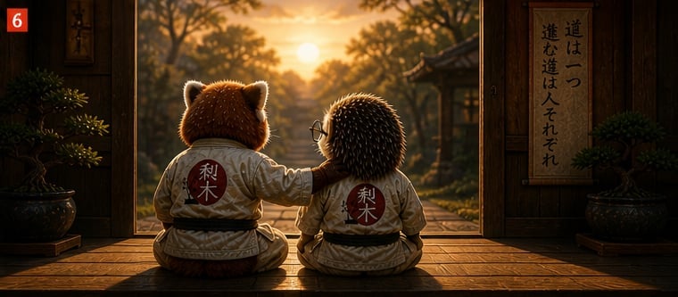 Two stuffed animals sitting on wooden floor facing sunset through temple doorway with Asian calligraphy