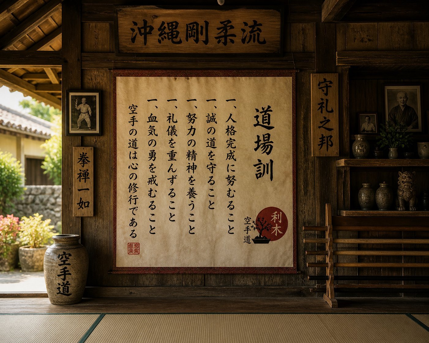 Interior of a traditional Japanese dojo with wooden plaques, calligraphy signs, and martial arts philosophy displayed on walls and shelves
