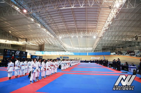 Martial arts competition in modern indoor arena with blue and red mat, athletes in white uniforms lined up along sidelines