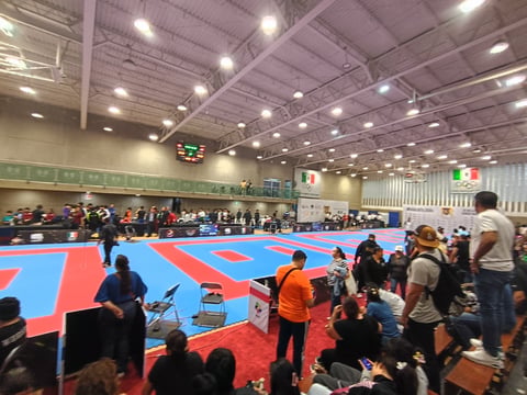 Indoor sports facility with large colored mat, spectators, and athletes participating in what appears to be a martial arts or gymnastics tournament.
