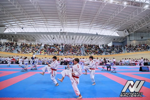 Karate competition in large indoor arena with athletes in white uniforms fighting on blue and red mats while spectators watch from stands