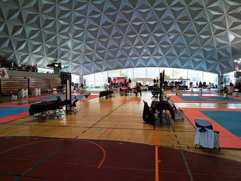 Large indoor sports facility with geodesic dome ceiling, colorful mats on wooden floor, and people in wheelchairs during an adaptive athletics event