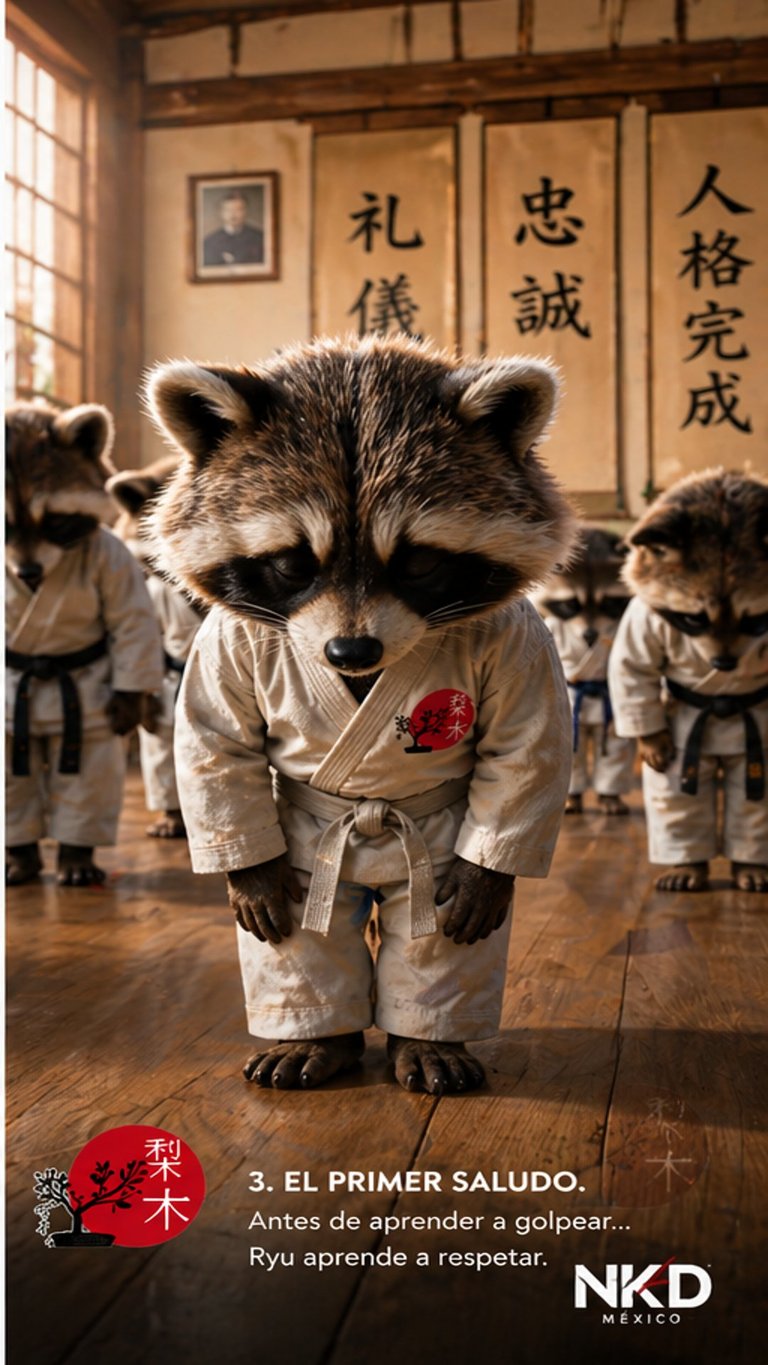 Raccoon in karate gi with red belt in dojo