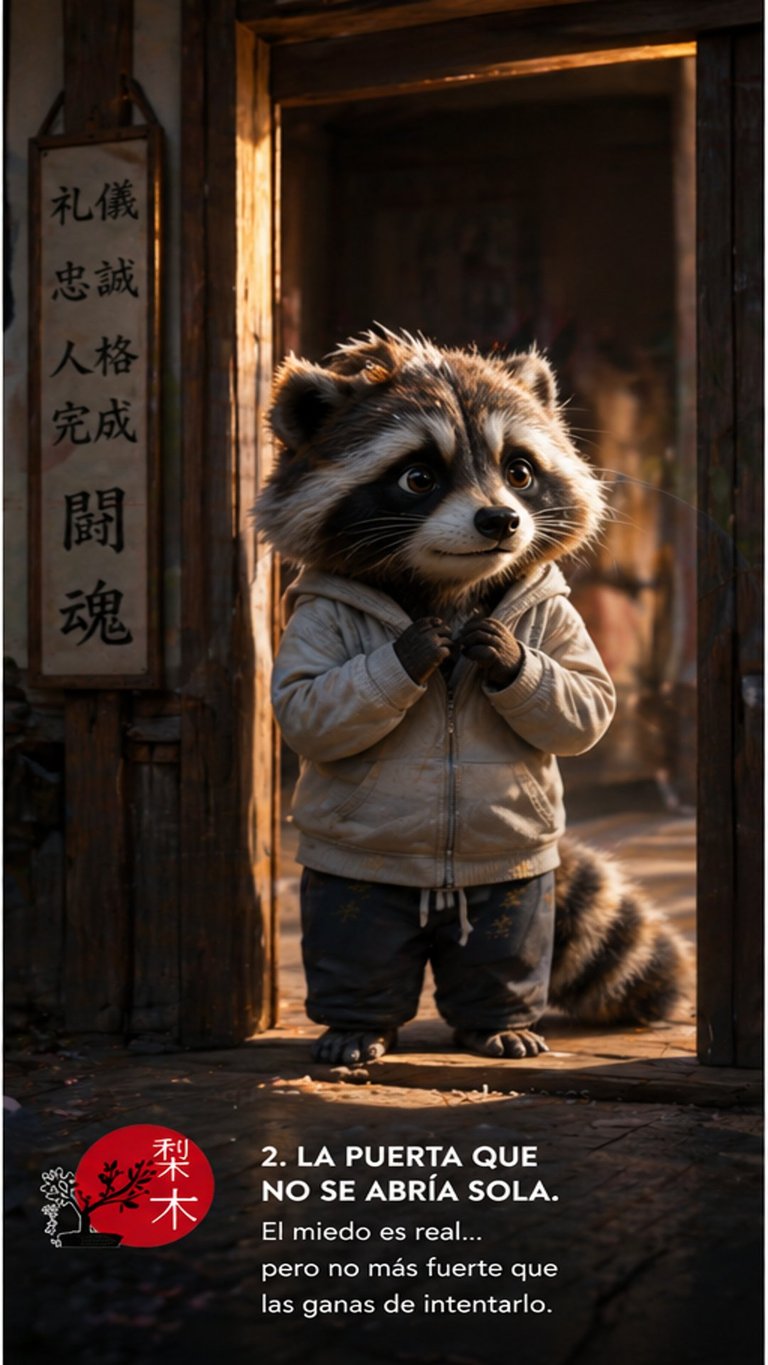 Raccoon standing in doorway with Asian characters