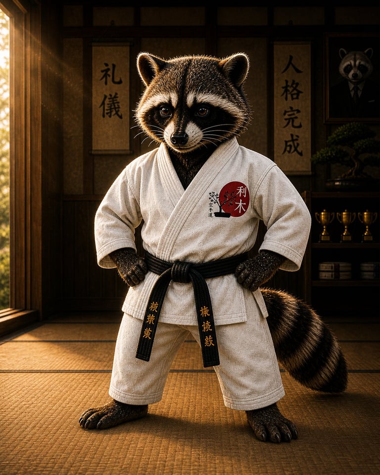 Anthropomorphic raccoon wearing white karate gi with black belt, posing in traditional Japanese dojo with calligraphy scrolls