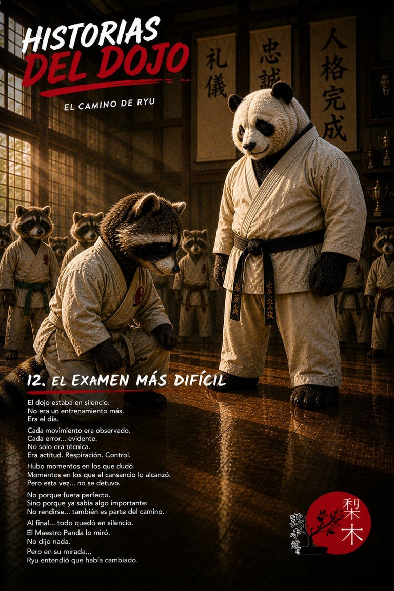 Panda and raccoon in traditional dojo