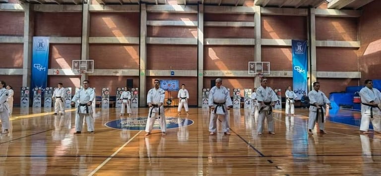 Large group of people in white uniforms practicing martial arts in an indoor gymnasium with wooden floors and basketball hoops